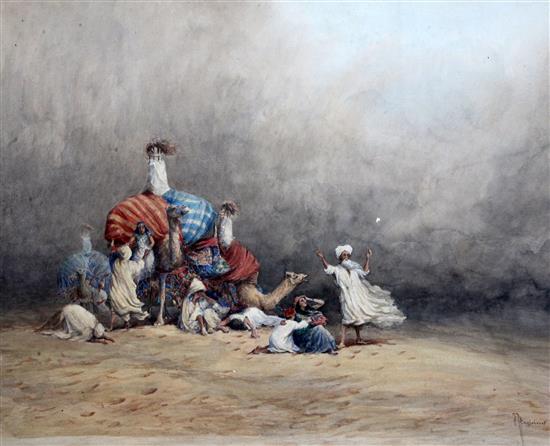 Evelyn L. Engleheart (fl.1906-1921) Desert travellers in a sand storm 16.5 x 20.5in.